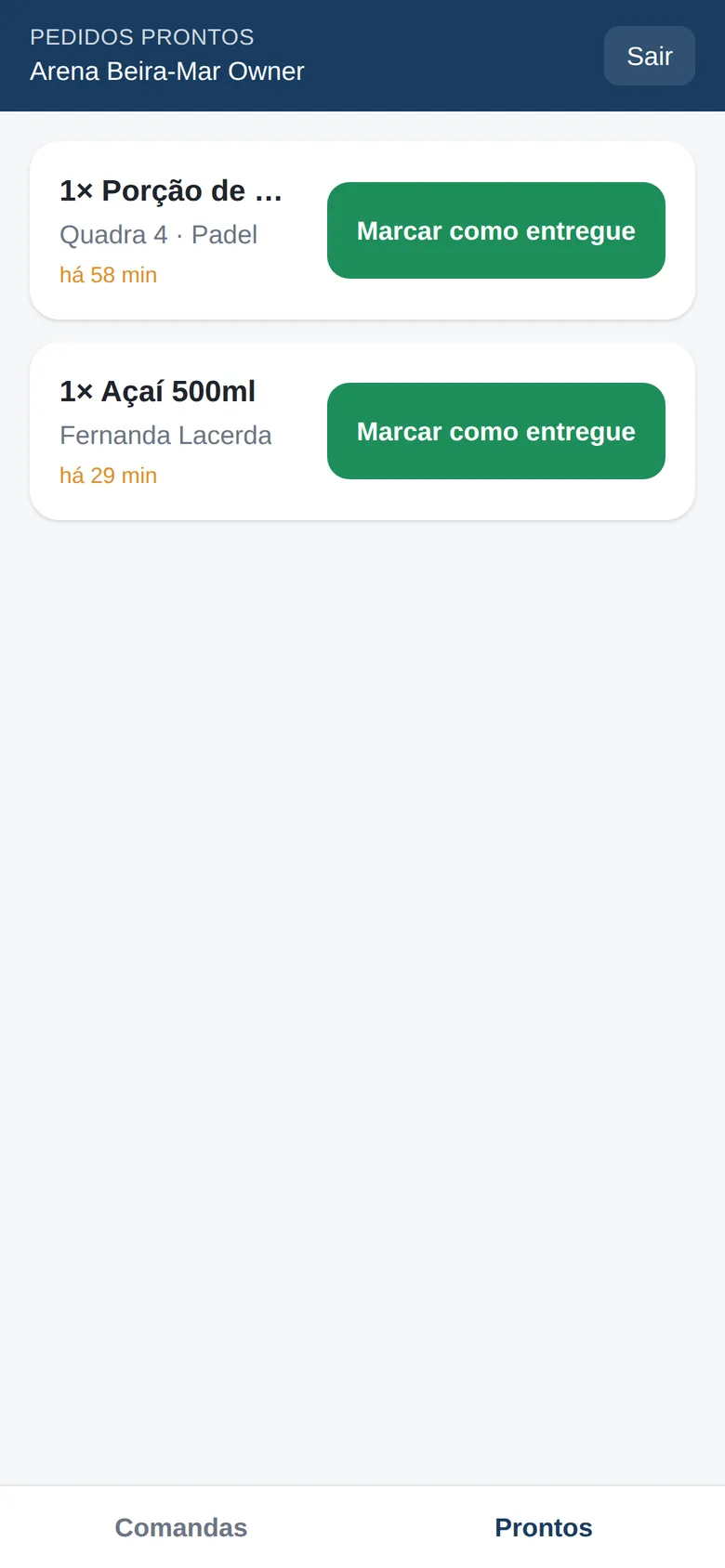 App do garçom no celular com pedidos prontos para entregar